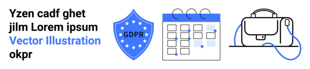 GDPR shield symbol, calendar with blue tabs, and sleek handbag icon. Ideal for data security, scheduling, business planning, office, education, corporate, and technology. Landing page