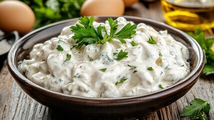 Creamy Dip with Fresh Herbs and Ingredients on Rustic Wooden Table