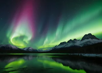 Fotobehang Aurora Borealis Multicolored green vibrant , Aurora PolarisNight starry sky and Northern lights. Green aurora borealis Lights in the night sky over Norway © Choyan