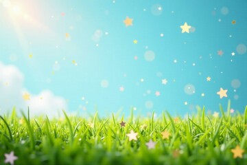 Obraz premium Sparkle confetti scattered on grass under pastel blue sky with rattan star decorations, grassy, sparkle confetti