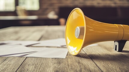 A close-up of a yellow megaphone resting on a wooden table, surrounded by scattered papers, with a clean background area for custom announcements