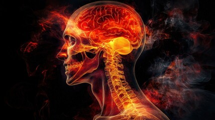 Flaming skull, brain, spine, smoke, profile, medical, anatomy, digital art, concept, health