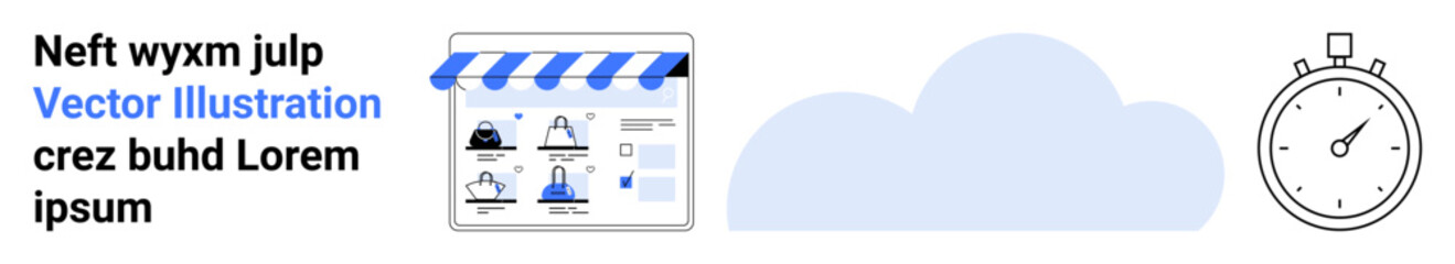 Online storefront with icons for various goods and services, a cloud symbol, and a stopwatch. Ideal for e-commerce, cloud technology, time management, retail, marketing, productivity website design