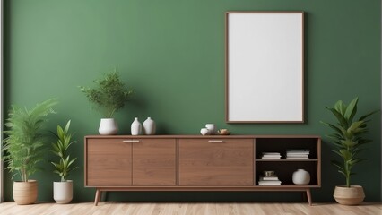 Earthy Brown cabinet on Kelly Green color background, with blank frame mockup