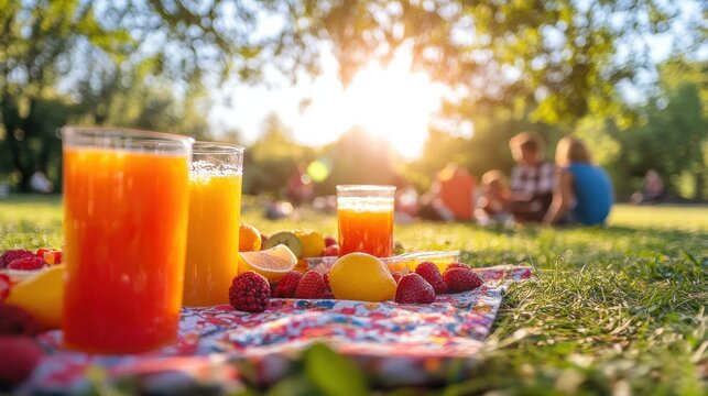A family enjoying glasses of mixed fruit juice during a picnic in the park, with colorful beverages and fruits arranged on a picnic blanket under a bright, clear sky.