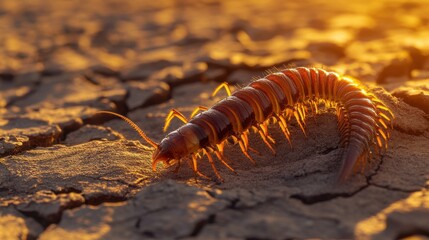Fototapeta premium A macro shot of a centipede on dry, cracked soil, showcasing its intricate exoskeleton and vibrant orange-brown coloration under natural sunlight.