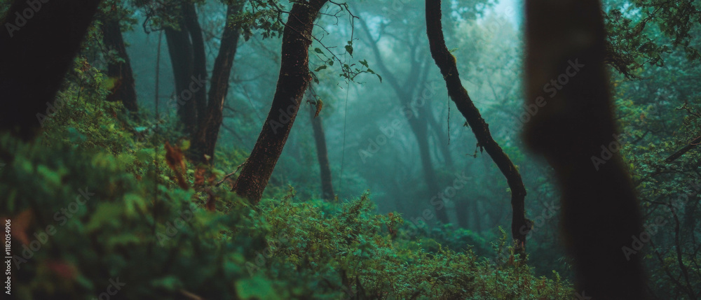 Poster Mystical forest trees create an ethereal atmosphere through blurred motion and long exposure