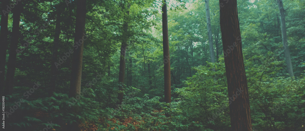 Aufkleber mystical forest with blurred trees creating an ethereal atmosphere in green and brown hues