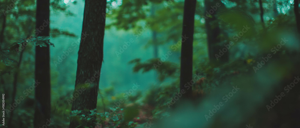 Poster Mystical forest with blurred trees in green and brown hues creating an ethereal atmosphere