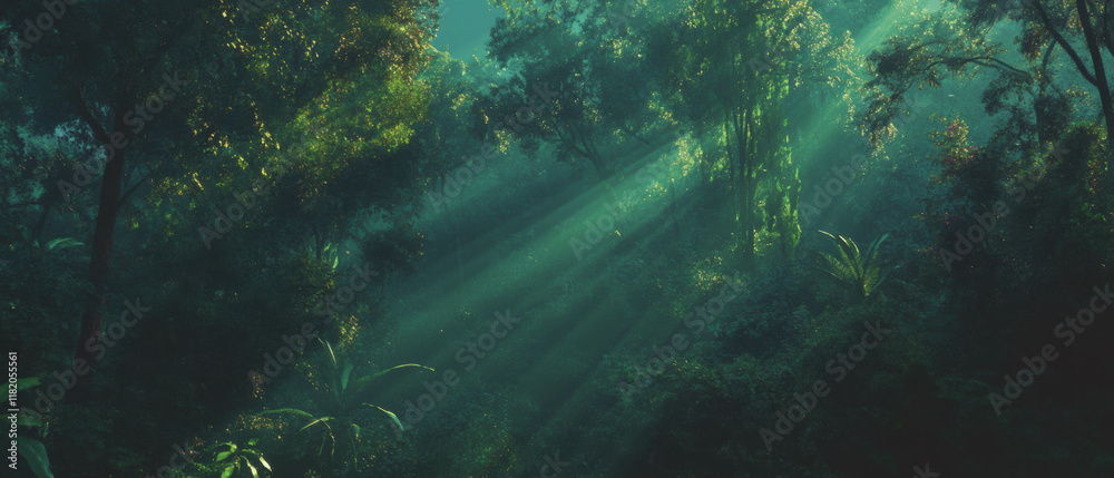Poster sunbeams illuminate a magical forest filled with vibrant greenery and tranquility