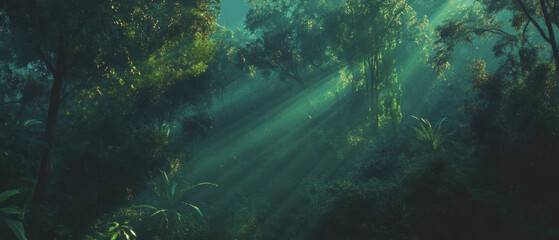 Sunbeams illuminate a magical forest filled with vibrant greenery and tranquility