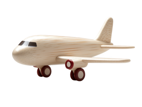 Vintage wooden toy airplane soaring through a bright blue sky