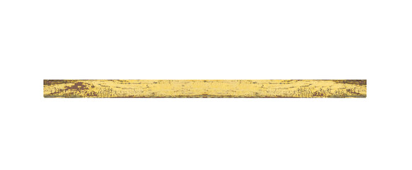 Horizontal old board of medium length with peeling yellow paint. On isolated transparent background.