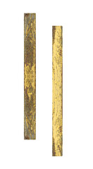 Vertical old short boards with peeling yellow paint. On isolated transparent background.