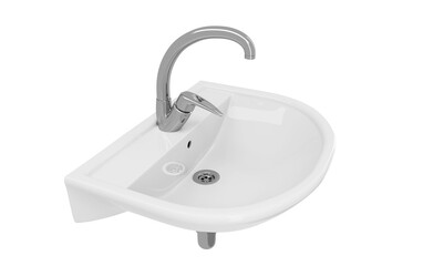 White ceramic sink with faucet for bathroom or restroom. Classic washbowl basin with water tap isolated on a transparent background. PNG. 3d illustration.