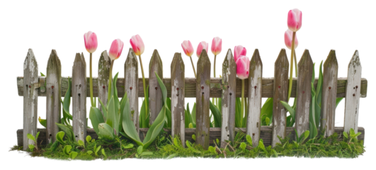 Rustic fence with pink tulips