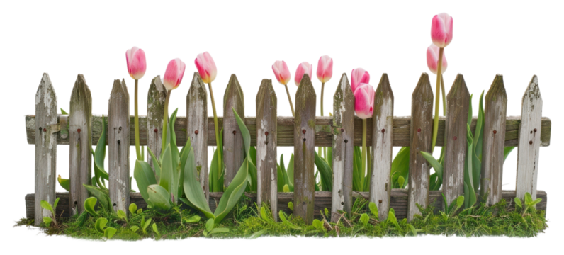 Rustic fence with pink tulips
