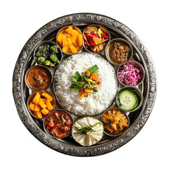 A traditional Indian Thali platter featuring a variety of curries rice vegetables and chutn