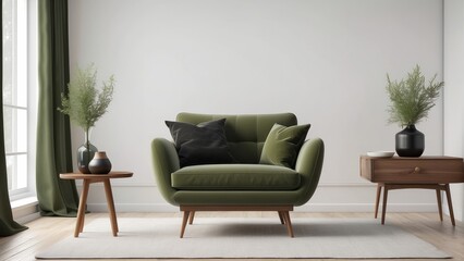 modern mid century and minimalist room, Olive Green decor concept, Black armchair