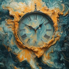 Fototapeta premium A vibrant clock surrounded by swirling blue and orange textures, blending time with artistic expression in a mesmerizing design.
