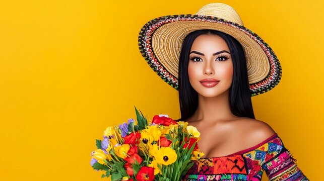 Bolivian woman with a bouquet of cantuta flowers on yellow background. Fashion and floral decor concept. For Women's Day, March 8, Valentine's Day. Studio portrait for banner with copy space 