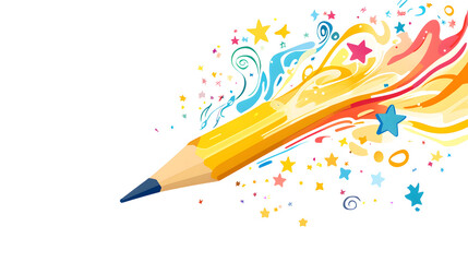 Flat Design Vector Illustration of a Yellow Pencil Creating a Fantastic Image with Creative Graphic Design Elements on White Background.