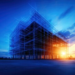 A futuristic building under construction, framed by scaffolding, illuminated by a vibrant sunset against a dramatic blue sky.