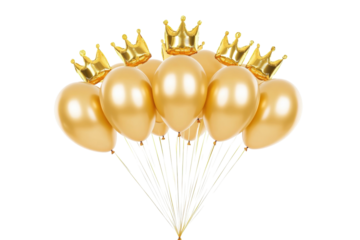 Golden balloons adorned with crowns floating gracefully in a festive celebration atmosphere