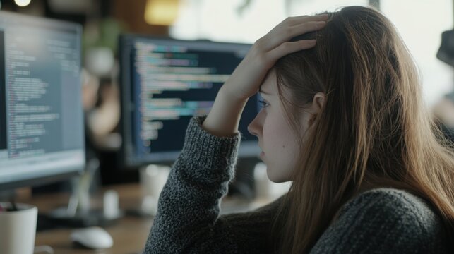 Frustrated developer at computer, facing challenges in coding and debugging, embodies the perseverance and resilience required in the tech industry.