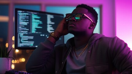 Frustrated developer at computer, facing challenges in coding and debugging, embodies the perseverance and resilience required in the tech industry.