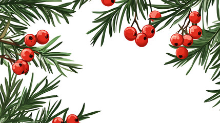 A festive arrangement of evergreen branches and red berries on a white background.