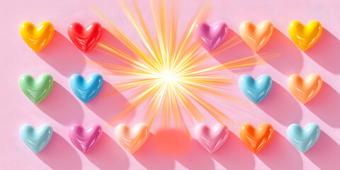 Colorful heart shape explosion yellow burst, bright vibrant heart pattern with starburst effect, fun colorful burst explosion