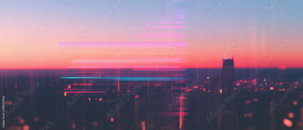 Aufkleber glitch effect creating pixelation and distortion of a sunset cityscape