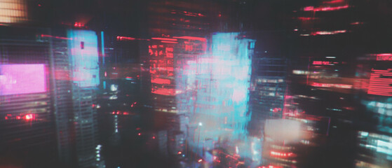 Obraz premium Glitch effect creates chaotic digital noise in vibrant urban landscape