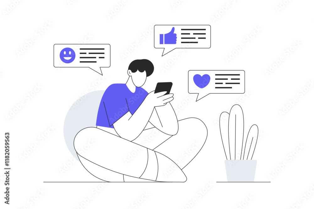 Wall mural social network. character chatting and messaging in mobile app, browsing news feed, making posts and