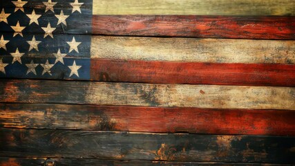 Rustic wooden background featuring a worn American flag with vibrant colors and distressed texture - Powered by Adobe