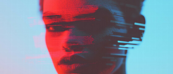 Visual noise and distortion create a striking glitch effect in vibrant colors