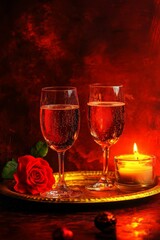 Champagne or wine served in elegant glasses against a pink backdrop