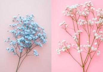 A photograph of baby's breath flowers in pastel colors on the right side, against a solid pink background.