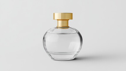 Glass perfume bottle, gold cap, studio shot, white background, packaging mockup