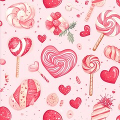 Modern seamless pattern of a heart-shaped lollipop for St Valentine Day. Sweet Valentine candy background. Red and pink aesthetics, love and sweets surface design for the 14 February holiday