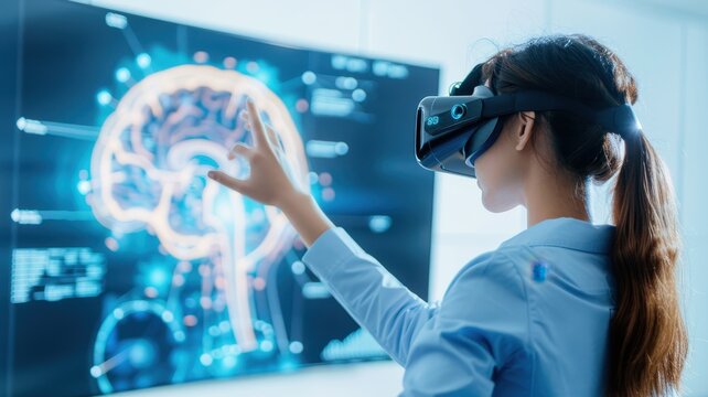 A woman wearing a VR headset interacts with a digital brain display, showcasing advanced technology and virtual reality in neuroscience.