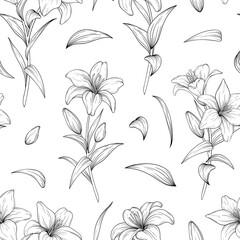 Vector seamless pattern with hand drawn lily flowers
