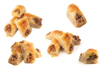 Delicious sweet baklava with walnuts isolated on white background.