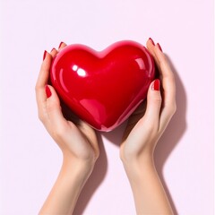 Fototapeta premium Woman holding a red heart, symbolizing happiness and health care, while emphasizing the concept of donation and family insurance. This image is relevant to World Heart Day and World Health Day,