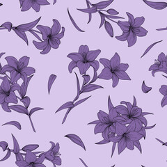 Vector seamless pattern with hand drawn lily flowers