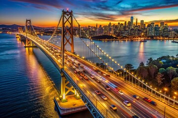 Fototapeta premium San Francisco Oakland Bay Bridge Rush Hour Aerial 8K Low Light Photography