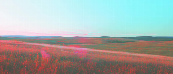 Glitch art representation of a distorted landscape with vivid colors and digital artifacts