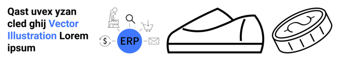 Shoe, dollar coin, ERP button, shopping cart, email, search, plant icon. Ideal for e-commerce, enterprise resource planning, business solutions, financial services, digital marketing, modern design