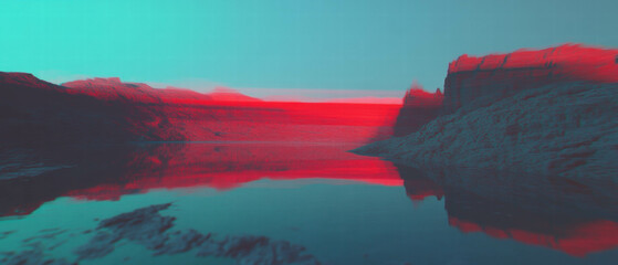Glitch art of a surreal landscape with RGB shift and color distortion effects